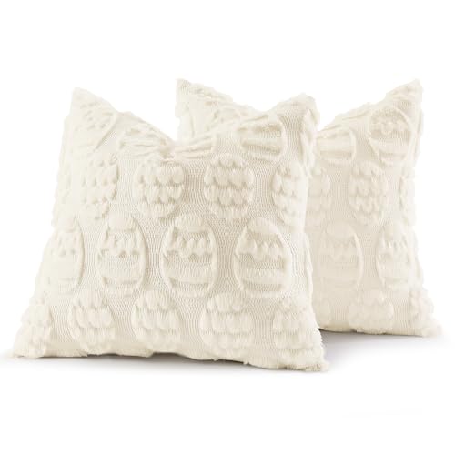 Image of decorUhome Easter Cream White Egg Pillow Covers 20x20 Inch Set of 2, Soft Plush Faux Wool Jacquard Cushion Covers, Farmhouse Neutral Fuzzy Spring Easter Holiday Decor for Couch Sofa Bed