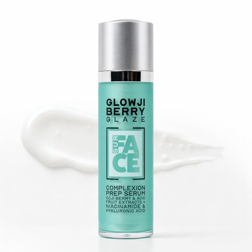 SurFACE Face Serum and Primer - Brightening Glass Skin - Niacinamide, Squalane, Goji Berry, Dragon Fruit and Acai – Dewy Glaze Finish for Radiant, Smooth Skin – Glowji Berry – 1 oz