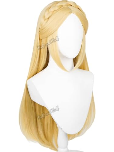 Image of Long Straight Blonde Anime Game Princess Cosplay Wig with Braid for Women | 27.5'' Light Golden Center Part Wigs Synthetic Hair for Halloween Party Costumes