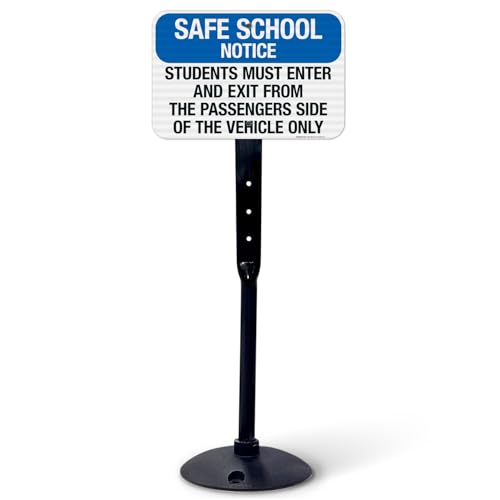 Students Must Enter and Exit from The Passenger Side of The Vehicle Only Sign, 12x18 Inches, 3M EGP Reflective with Post & Cast Iron Base Stand Set Made in USA by Sigo Signs