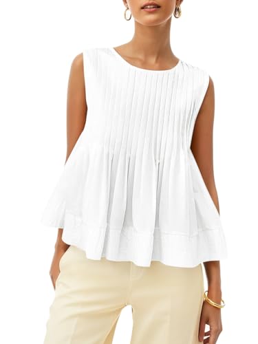 Cicy Bell Womens Pleated Babydoll Tank Tops Summer Peplum Sleeveless Cotton Blouses Loose Fit Flowy Shirts