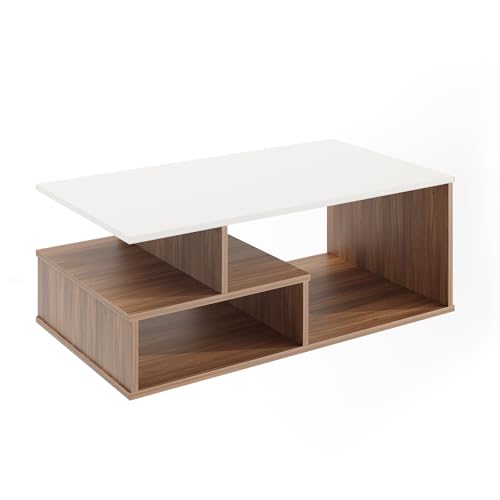 Image of FURNEASER Witely Coffee Table Modern Centre Table with Storage Shelves, Teapoy, Centerpeice Tea & Coffee Table for Living Room, Engineered Wood, Matte Finish (Exotic Teak & White)