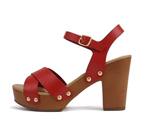 Soda MIGUEL ~ Women Crisscross Band Fashion Chunky Platform Block Mid Heel Sandal with Ankle Strap and Stud (RED PU, us_footwear_size_system, adult, women, numeric, medium, numeric_8_point_5)