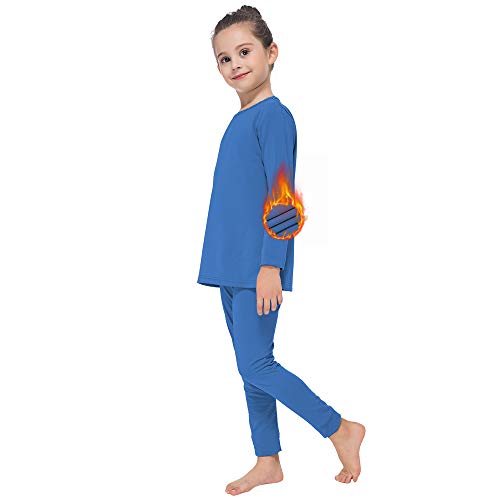 GAZIAR Thermal Underwear for Girls Long Underwear Ultra Soft Fleece Lined Thermals Kids Base Layer Lace Round Neck Long John Set Blue M(9-10Y)