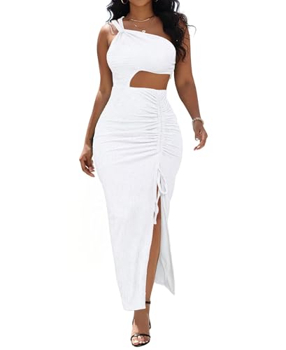 Aro Lora Womens Sexy One Shoulder Cut Out Midi Dress Ruched Side Slit Summer Beach Vacation Bodycon Party Long Dresses XX-Large White