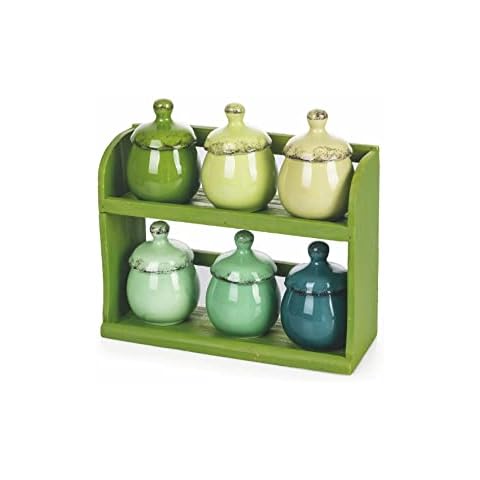 Villa d’Este Home Tivoli Set of 6 Ceramic Spice Jars with Wooden Stand, Greenery Hut, Green, Small (5911729) Cover