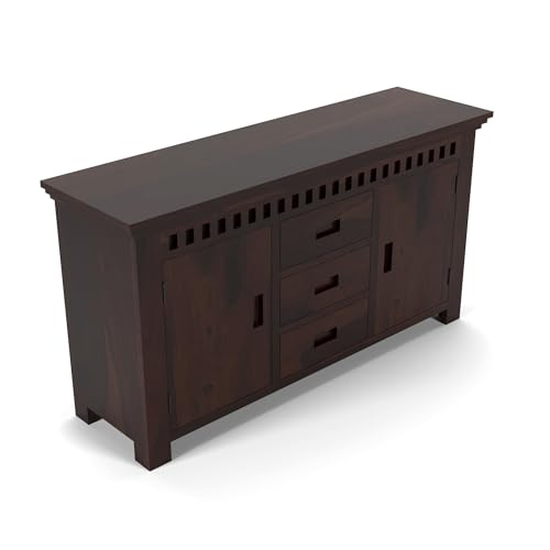 Image of Solid Sheesham Wood Wooden Sideboard Storage Cabinet & Chest of Drawer : Ideal for Living Room and Bedroom with 3 Drawers and 4-Shelf Storage (Carter, Walnut Finish)