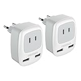Canada to European Travel Adapter 2 Pack, TESSAN Plug Adaptor with 1 Outlet and 2 USB Ports, Type C Power Plug for Most of Europe Finland, France, Germany, Greece