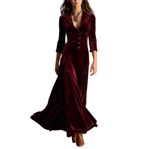 Vestido largo de terciopelo occidental para mujer, manga larga, vintage, cuello de muesca, botones, formal, otoño, invierno, fiesta, talla grande, rojo vino, L