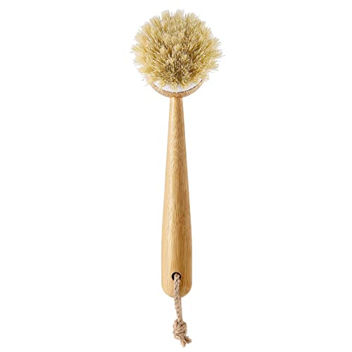 Image of SUBEKYU Dish Brush with Handle, Natural Bamboo Dish Scrubber Brush, Kitchen Dishwashing Brush for Cleaning Dishes /Pans /Pots /Sinks, Sisal Bristles, 2P