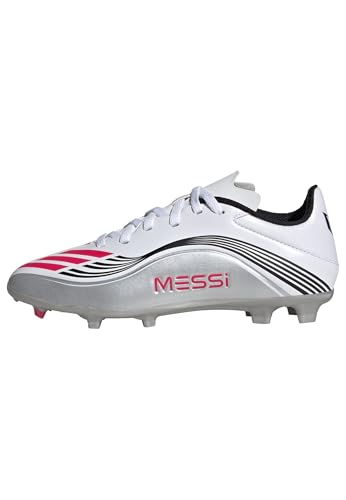 adidas Unisex-Kids F50 Messi League Firm Ground/Multi Ground, White/Lucid Red/Silver Metallic, 5