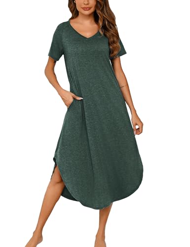 Nieery Nachthemd Damen Lang Baumwolle V-Ausschnitt Sommer Große Größen Kurze Ärmel Lose Schlafshirt Nachtkleid Lässig Nachtwäsche mit Taschen...