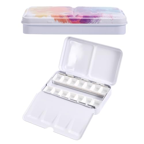 PATIKIL Paleta de acuarela vacía lata de metal con 14 medias pastillas de pintura con tapa estuche de pintura para viaje pintura al gouache y al óleo 14 caromaes vibrantes