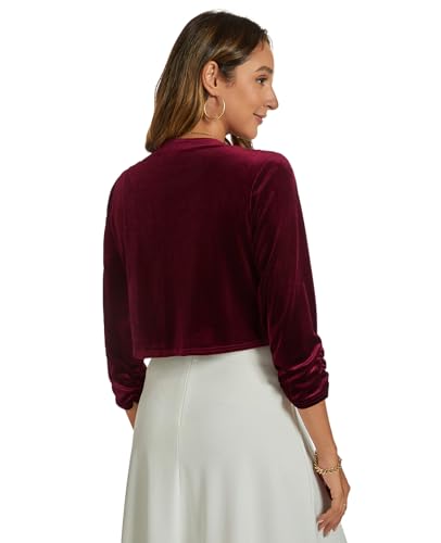 Image of Womens Velvet Bolero Shrug Elegant Open Front Ruched 3 /4 Sleeve Cocktail Party Cropped Cardigan