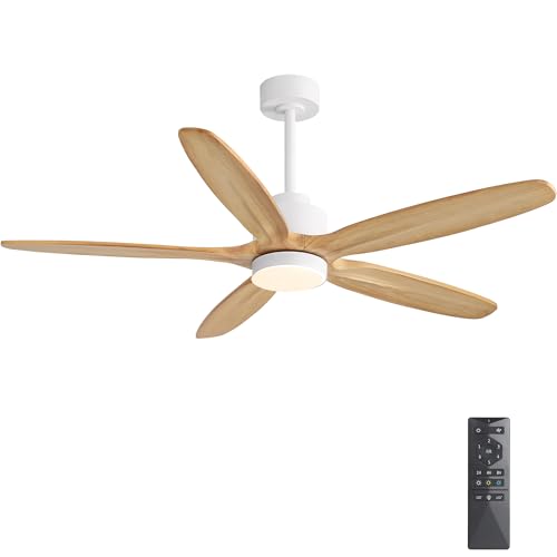 Image of WINGBO 54 inch Ceiling Fan with Light - 5 Carved Solid Wood Blades, 6-Speed Reversible DC Motor, Dimmable, 3CCT, Noiseless Remote Control Ceiling Fans with Lights for Bedroom Living Room, White and Oak