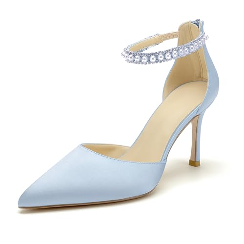 Image of Pointed Toe Pearl Wedding Shoes for Bride White High Heels Satin Bridal Shoes Zipper Back Evening Party Dance Dresses Shoes Pumps for Women
