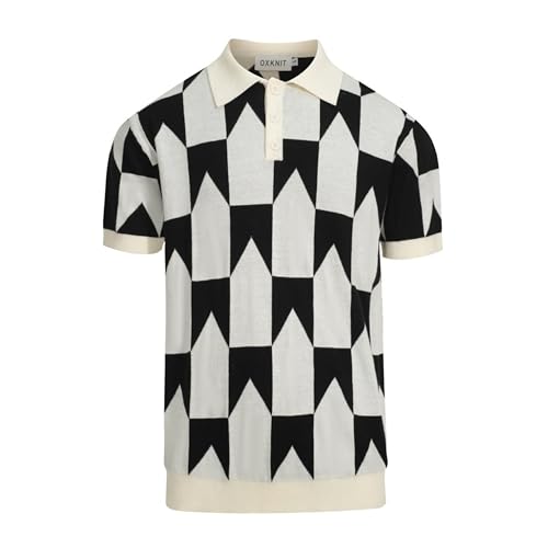 Men's Knitted Vintage Polo Shirt, 1960s Mod Style Retro Polo Black White Pattern Shirt with V-Neck