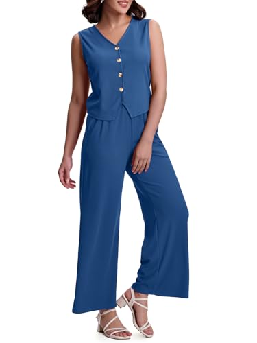 SeSe Code Womens 2 Piece Outfits Business Casual Button Up Vest and Wide Leg Pants Waffle Knit Sleeveless Blazer Suit Set Lake Blue