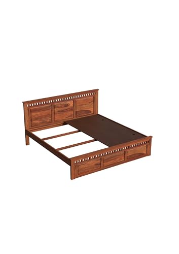 Image of Solid Sheesham Wood King Size Bed Without Storage | Wooden Double Bed Cot for Bedroom Furniture | Platform Bed | Palang for Hotels | Honey Finish, Recommended Mattress Size: 78 X 72 Inch