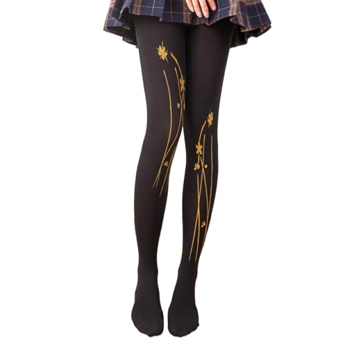Limtula Medias opacas 120D con diseño de flores doradas, medias suaves con control superior para mujer, medias de cintura alta, medias altas hasta el muslo, negro ciruela, Altoa única