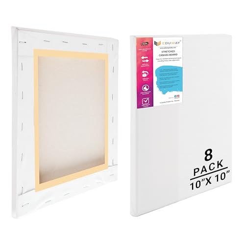 Image of Eduway 10x10 inches Pre Stretched Medium Grain 7Oz Primed Cotton Painting Canvas with Wooden Frame for Beginners & Artist | Suitable with Acrylic, Oil, Water Colours - (Set of 8)`