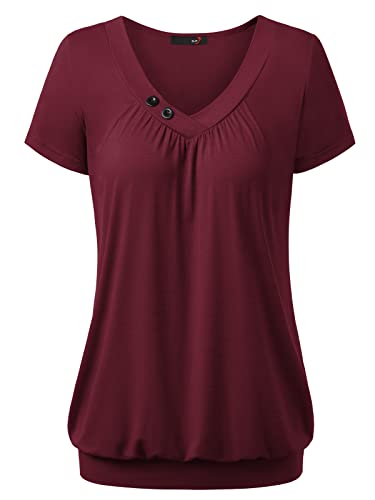 DJT Damen Basic V-Ausschnitt Kurzarm T-Shirt Falten Tops mit Knopf Dunkelrot L Cover
