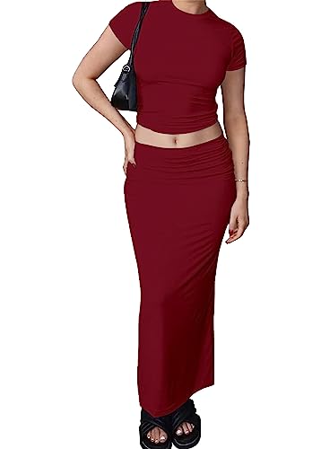 Image of Women 2 Piece Bodycon Maxi Skirt Set & Crop Top Summer Outfits | Soft Stretchy Fabric, Slim Fit, Short Sleeve, High Waist, Casual Lounge Matching Sets, Dressy Vacation Outfit, Date Night