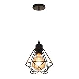 Comely Lámpara Colgante Vintage “Jaula” Negra E27 – Pantalla Metálica 17 × 15 cm con Cable Ajustable – Iluminación Retro-Industrial para Salón, Dormitorio o Cocina (Bombilla no incluida)