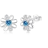 DOA Daisy Sterling Silver Stud Earrings, Silver Earrings With Blue Zircondia Crystals, Aquamarine Flower Earring Jewellery Gifts For Girls