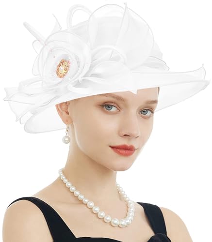 RZTA Womens Kentucky Derby Church Dress Hat Wide Brim Leaf Flower Bridal Shower Hat F5 White