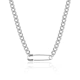 KummerSaprk Safety Pin Necklace Paperclip Chain Necklace for Women Trendy Silver Charm Necklace Chunky Chain Necklace Silver Paperclip Choker Necklace Jewelry Gifts