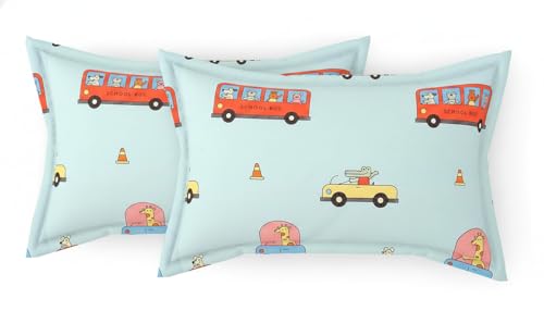 Image of Filymore Kids Car & Bus Theme Pillow Covers Set of 2, 17x27 Inch Sky Blue | Soft Microfiber Pillow Cases for Kids Room, Skin-Friendly & Breathable Decorative Cushion Covers