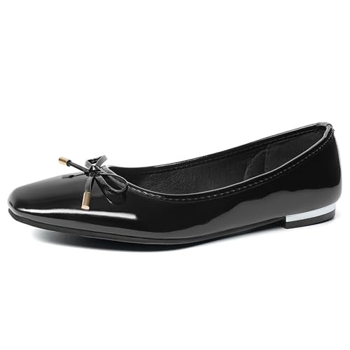 MUSSHOE Women's Ballet Flats Shoes Dressy Comfortable Square Toe Patent Flat with Bow