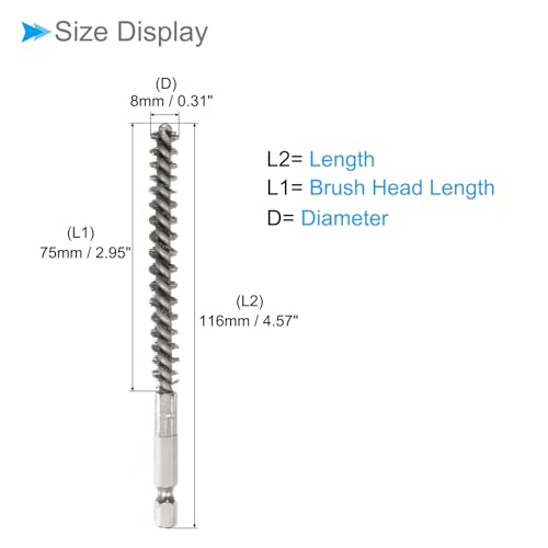 Image of Bore Brush, 8mm Dia 75mm Length, Stainless Steel Twisted Cleaning Wire Brushes with 1 /4 inch Hex Shank - (Applications: for Power Drill), 3-Pieces