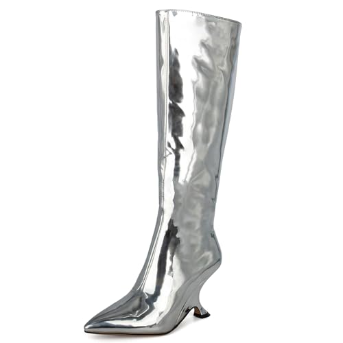 Kluolandi Metallic Boots for Women Knee High Sculptural Wedge Heel Boots with Zipper and Pointed Toe Fashion Party Shoes3