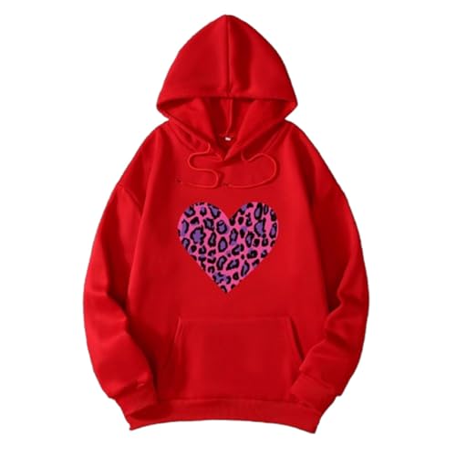 Elegante sudadera con capucha estampada holgada para mujer, cuello en V, suéter de manga larga, camiseta informal para uso diario, viajes y citas, suéter negro, rojo, S
