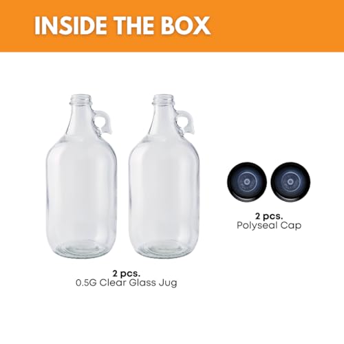 FastRack - 0.5 Gallon Glass Jugs | 2 Pack with Polyseal Caps | Clear Half Gallon Glass Jug Ideal for Beverage Storage, Versatile 1/2 G Jug with Airtight Cap for Fermenting & Storing Liquids