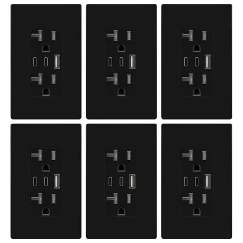 Image of TOPGREENER 4.2A 3-Port Type C USB Outlet, 20 Amp Receptacle Plug, Charging Power Outlet with Dual Type C&A Ports, Screwless Wall Plate Included, UL Listed, Commercial Grade, Black, 6 Pack