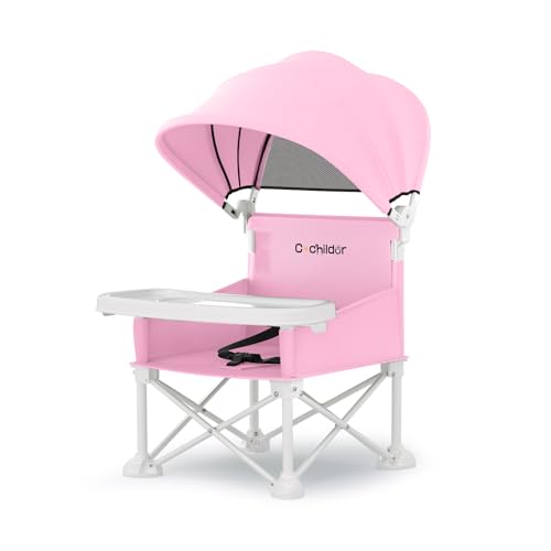 Image of Cochildor 4-in-1 Portable Baby Chair, Foldable Toddler Booster Seat with Removable Tray, Canopy & Safety Harness, Pink