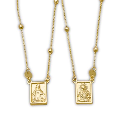 Religious Scapular Necklace, Sacred Heart of Jesus and Our Lady of Mount Carmel Medallions, 14k Gold Laminated Brass, 26 Inches