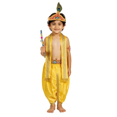 Image of Shri Krishna Costume Set - Ethnic Wear with Golden Jari Angavastram & Dhoti, Traditional Dress Set of 7 for Boys & Girls - Ideal for Janmashtami, Fancy Dress, and Festivals