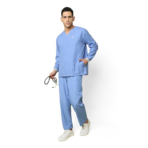 Image of KNYA Active Men's 5-Pocket Longsleeves Scrubs | Set of Top & Bottom | V Neck | Breathable Fabric | Comfortable | Durable | Uniform for Doctors, Nurses and Dentists (S, Ceil Blue)