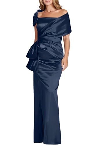 Plus Size Navy Blue Ruffles Satin Mother of The Bride Dresses for Womens Off Shoulder Mermaid Evening Formal Gowns for Wedding US18W