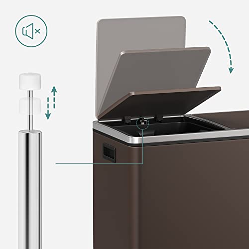 SONGMICS Trash Can, 2 x 8 Gallon (2 x 30 L) Garbage Can for Kitchen, with 15 Trash Bags, 2 Compartments, Plastic Inner Buckets and Hinged Lids, Airtight, Brown ULTB60BR