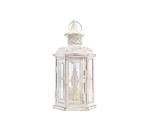 JHY DESIGN Linternas Decorativas: 25 cm de Alto, Estilo Vintage, Linterna Colgante, candelabro de Metal para Interiores al Aire Libre, Eventos, Fiestas y Bodas (Blanco con Cepillo de Oro)