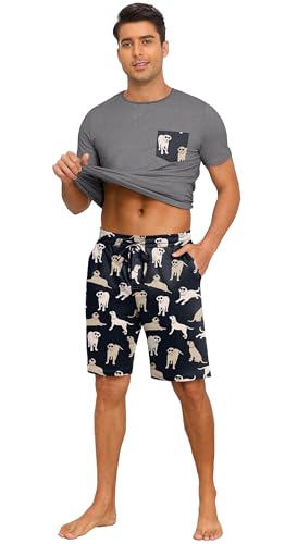 Image of PrinStory Mens Summer Pajamas Set Lightweight Pjs Sets Short Sleeve Pajama Shorts Set Soft Sleepwear Loungewear with Pockets