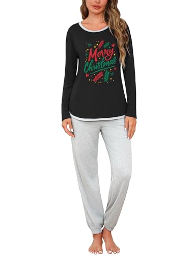 Crewhpo Weihnachts Schlafanzug Damen Weihnachten Pyjama mit Rundhalsausschnitt Christmas Pyjamas Set Top Langarm und Pyjamahose Lang Baumwolle Schlafanzüge für Winter