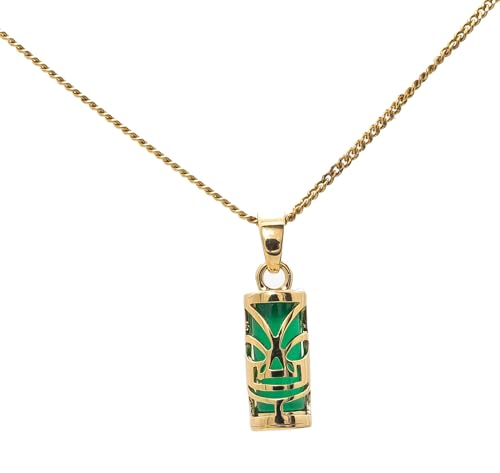 ASCALIDO Collier 50cm | petit tiki avec agate verte | en plaqué Or véritable | pendentif et chaine avec boite | cadeau homme