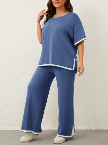 Imily Bela Womens Plus Size Lounge Sets 2 Piece Outfits Short Sleeve Pullover Tops Wide Leg Pants Summer Travel Outfits4