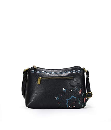 BOSANOVA Bolso bandolera con detalle de bordado étnico, cremallera frontal y trasera. Asa de cruzar regulable y cierre con cremallera. NEGRO U Cover